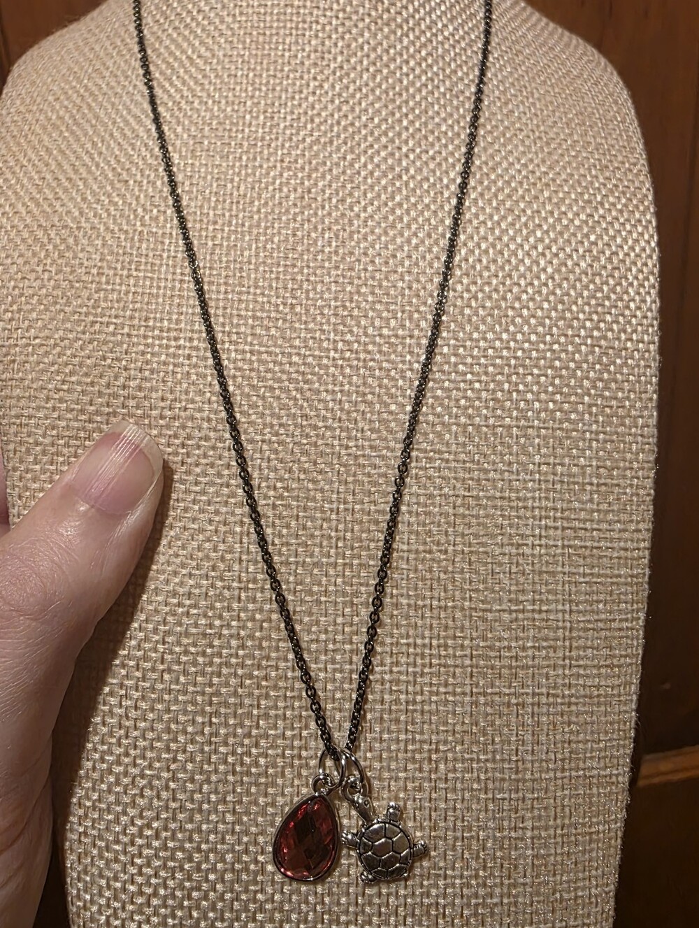Charm Necklace with Dark Pink Teardrop and Turtle Charms